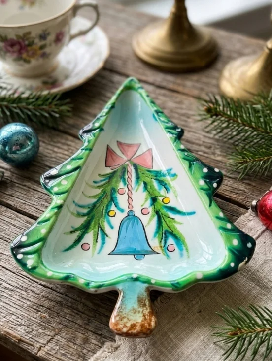 Vintage Japan Ceramic Christmas Tree Dish Blue Bell Pink Bow Hand Painted 10" - Picture 1 of 10